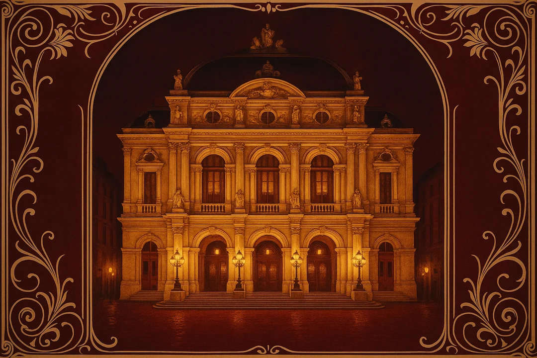 Façade illuminée de l'Opéra de Lyon avec affiche de la saison France-Russie 2010