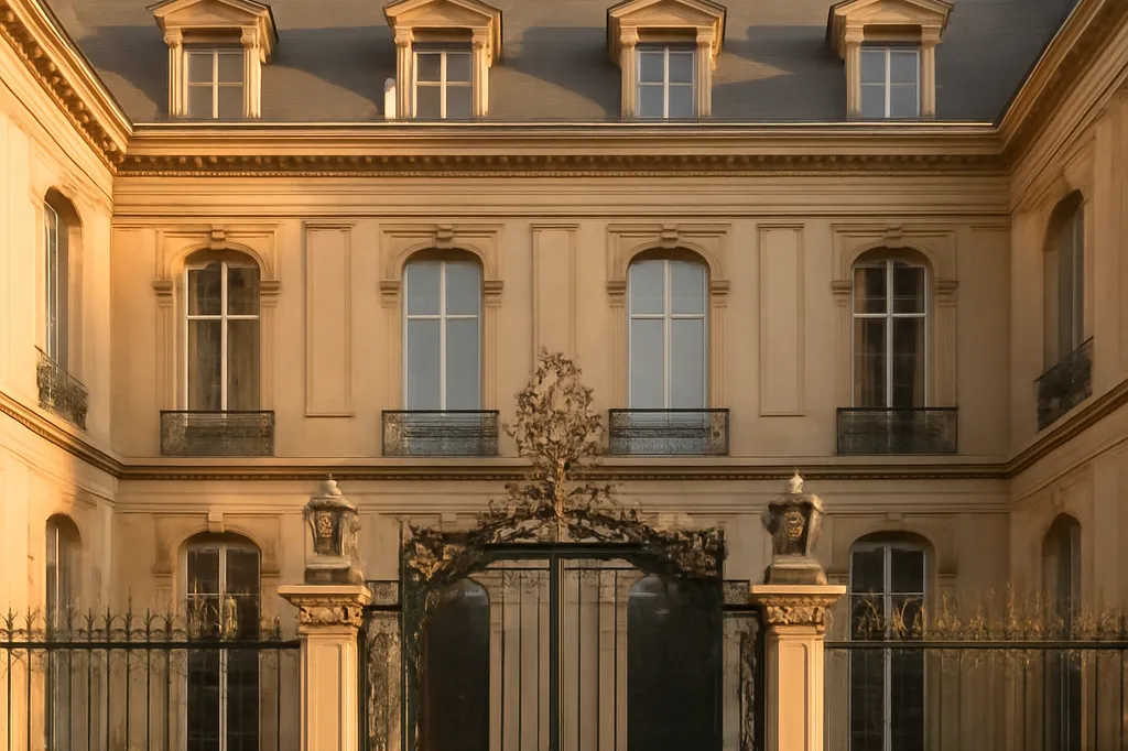 Façade d’ambassade avec grille en fer forgé ornementée et cour d’honneur pavée, style diplomatique du XXe siècle, lumière de fin d’après-midi à Paris