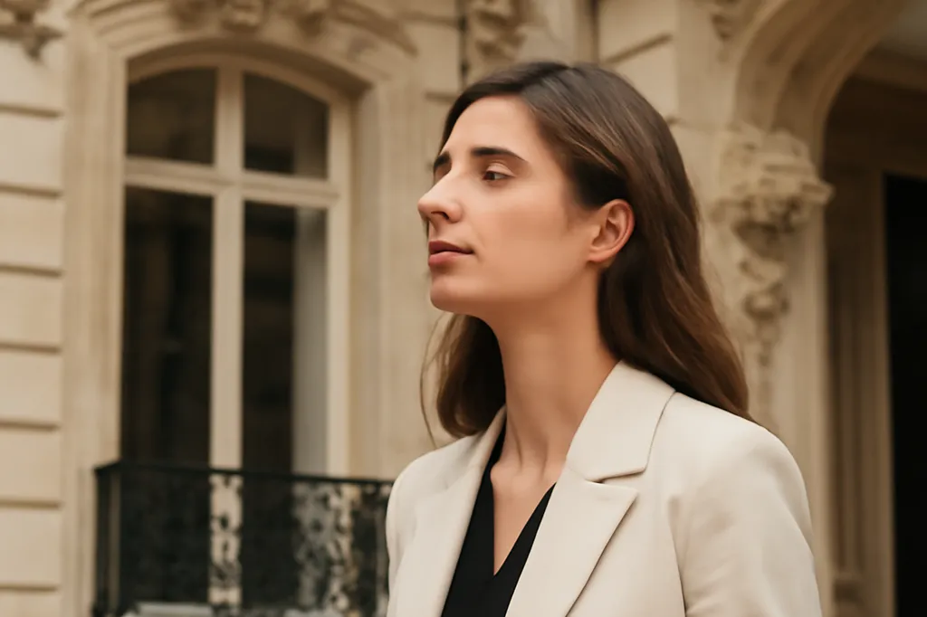 Femme observant une façade d’hôtel particulier parisien orné, carnet de croquis architecturaux à la main, lumière naturelle