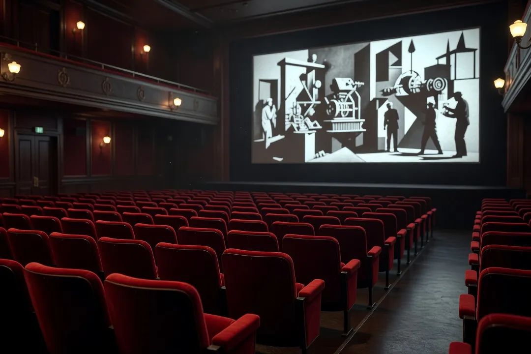 Salle de projection de cinéma d’art et essai parisienne avec fauteuils rouges vintage et écran projetant une image en noir et blanc évoquant le cinéma soviétique