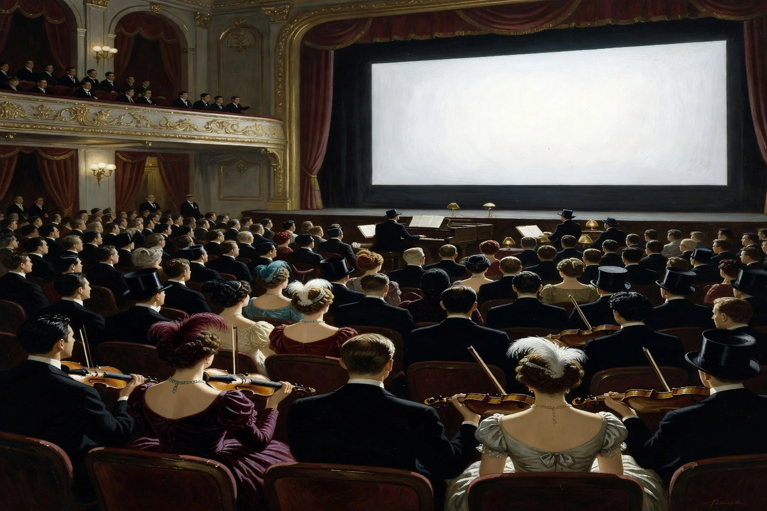 Salle de cinéma parisienne comble pendant une projection muette dans les années 1920, écran argentique lumineux, orchestre dans la fosse, ambiance ivoire et bordeaux.