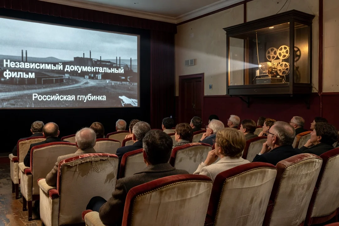 Séance de cinéma d'art et essai avec projection d'un documentaire russe indépendant, spectateurs attentifs et projecteur visible en cabine.