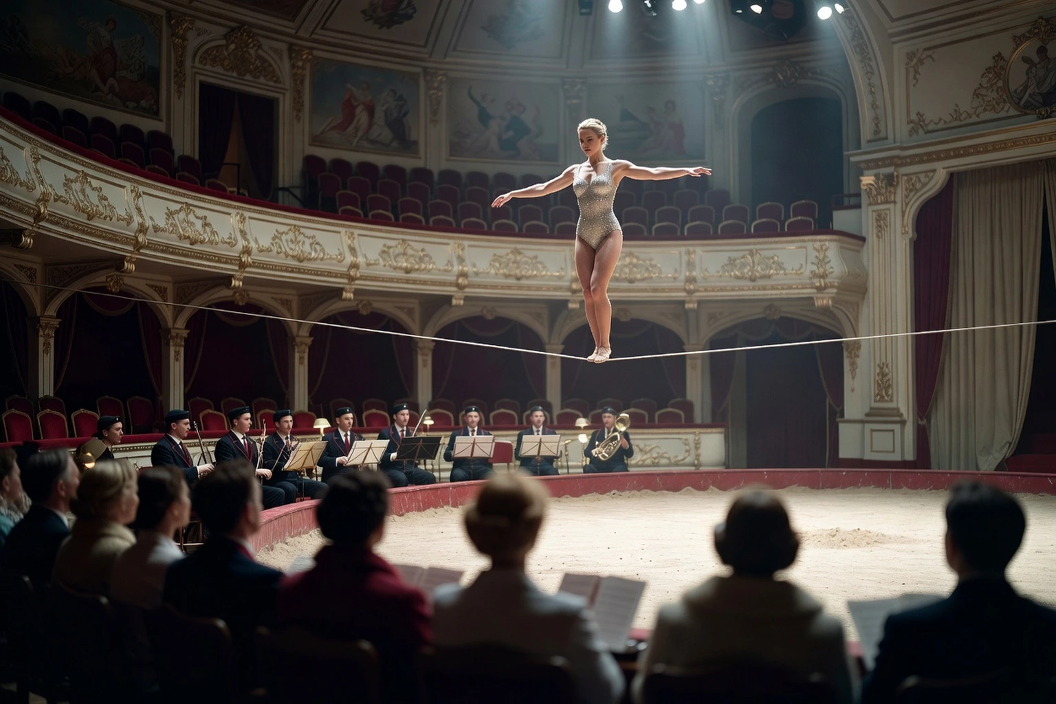 Funambule en justaucorps scintillant au-dessus de la piste d'un cirque historique russe, orchestre au bord de la piste et fauteuils rouges des balcons dorés en arrière-plan.