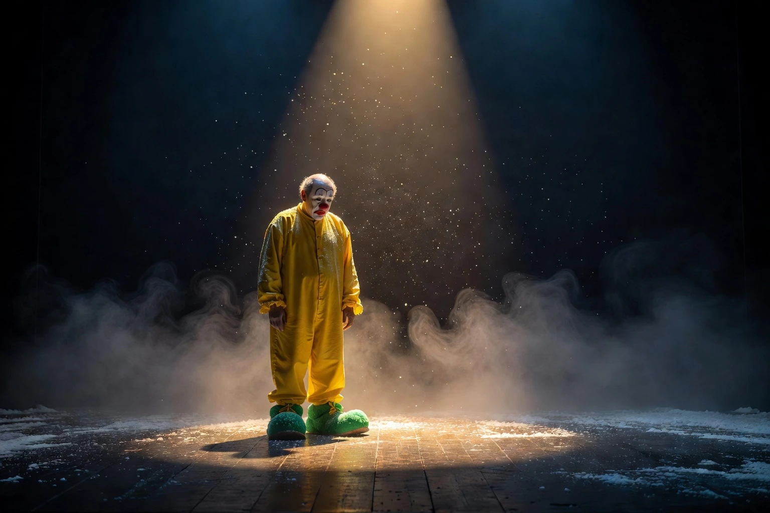 Clown en combinaison jaune et chaussures vertes feutrées sous un rideau de neige et un unique projecteur, seul sur une scène sombre et brumeuse.
