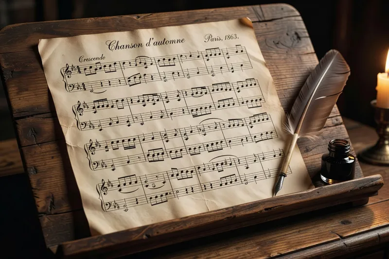Partition manuscrite annotée d'un compositeur français du XIXe siècle, plume et pupitre en bois