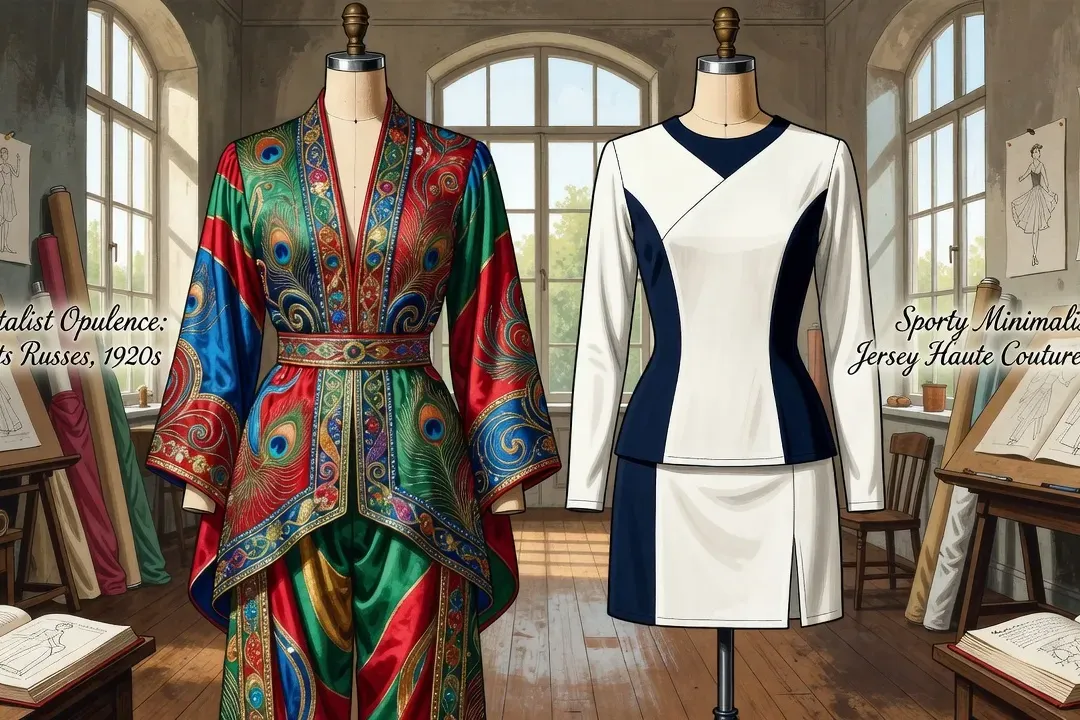 Costumes de scène en jersey et maillots de bain rayés créés par Coco Chanel pour Le Train bleu, illustrant la rupture avec les tenues traditionnelles des Ballets russes