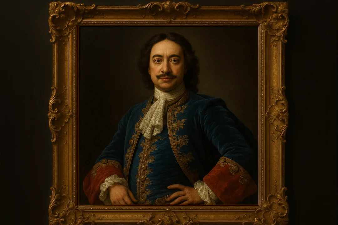 Portrait de Pierre le Grand exposé au château de Versailles, costume d'apparat et fond doré.