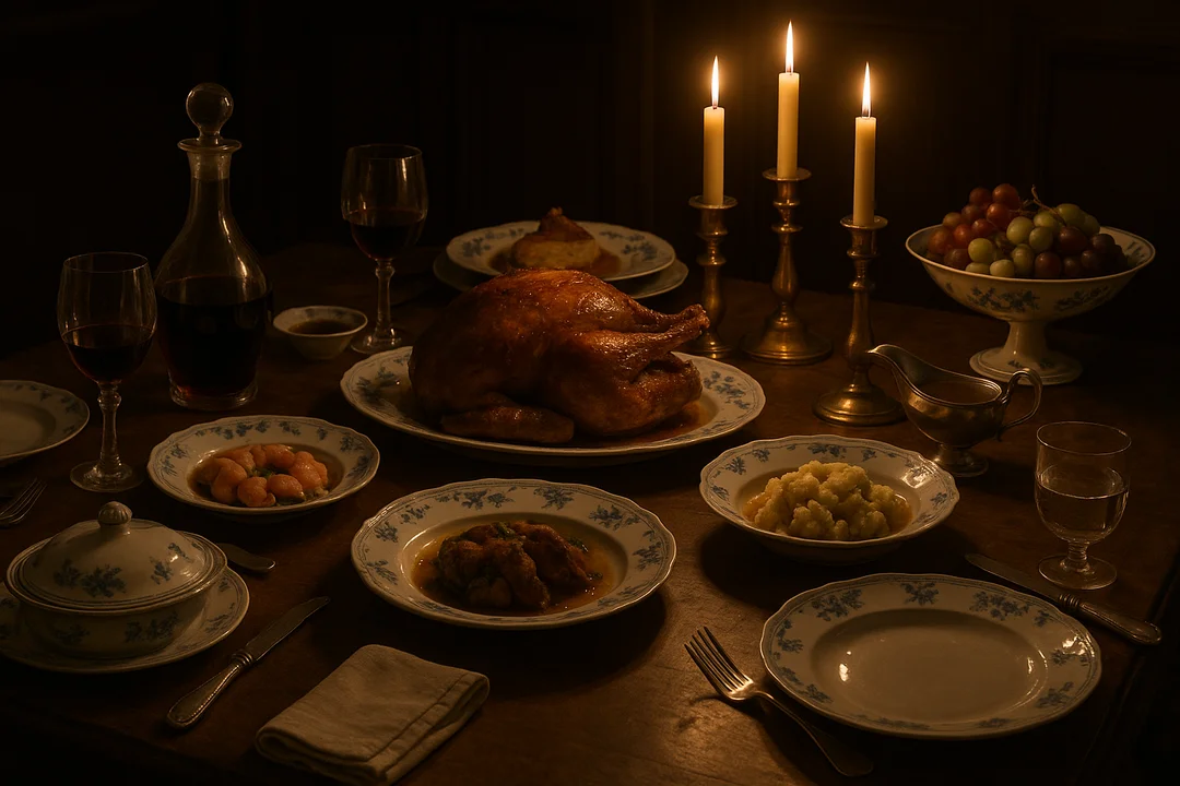 Table dressée à la française du XVIIIe siècle avec porcelaine, verrerie et pièces montées.