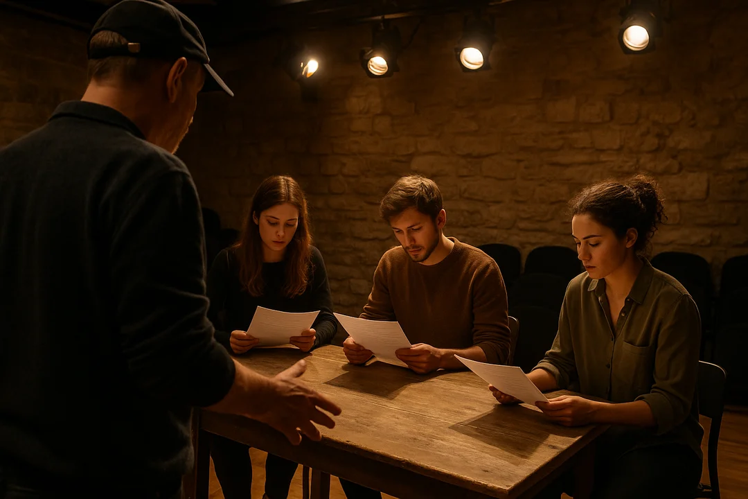 Salle de répétition avec metteur en scène et comédiens autour d'une table de travail
