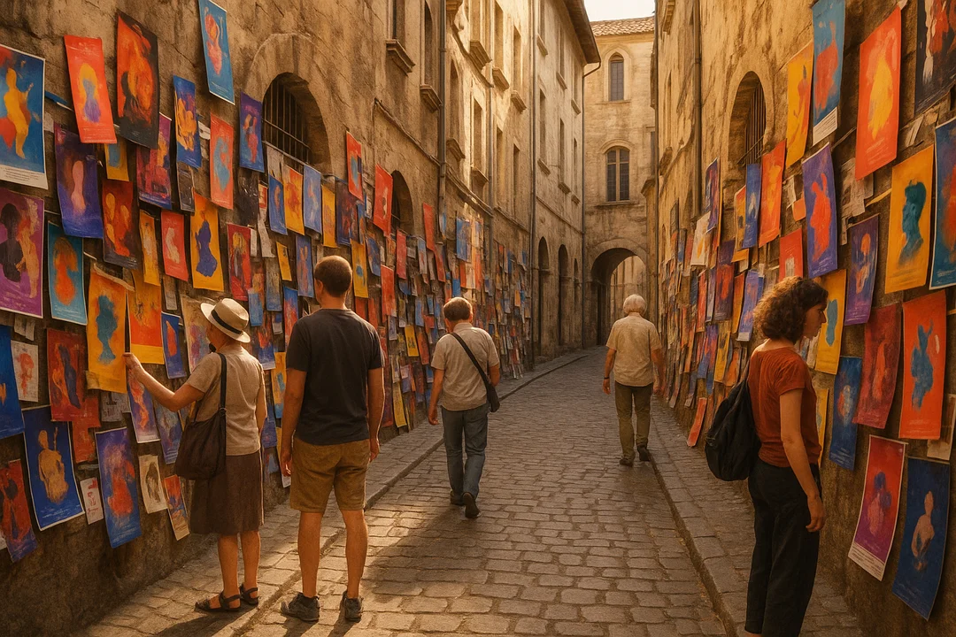 Affiche de spectacle Off collée sur un mur avignonnais, public lisant le programme