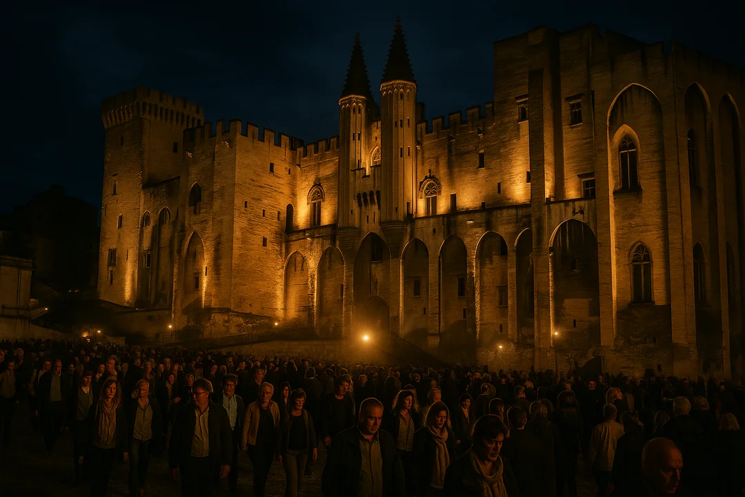 Palais des papes d'Avignon illuminé la nuit, avec le public sortant d'un spectacle