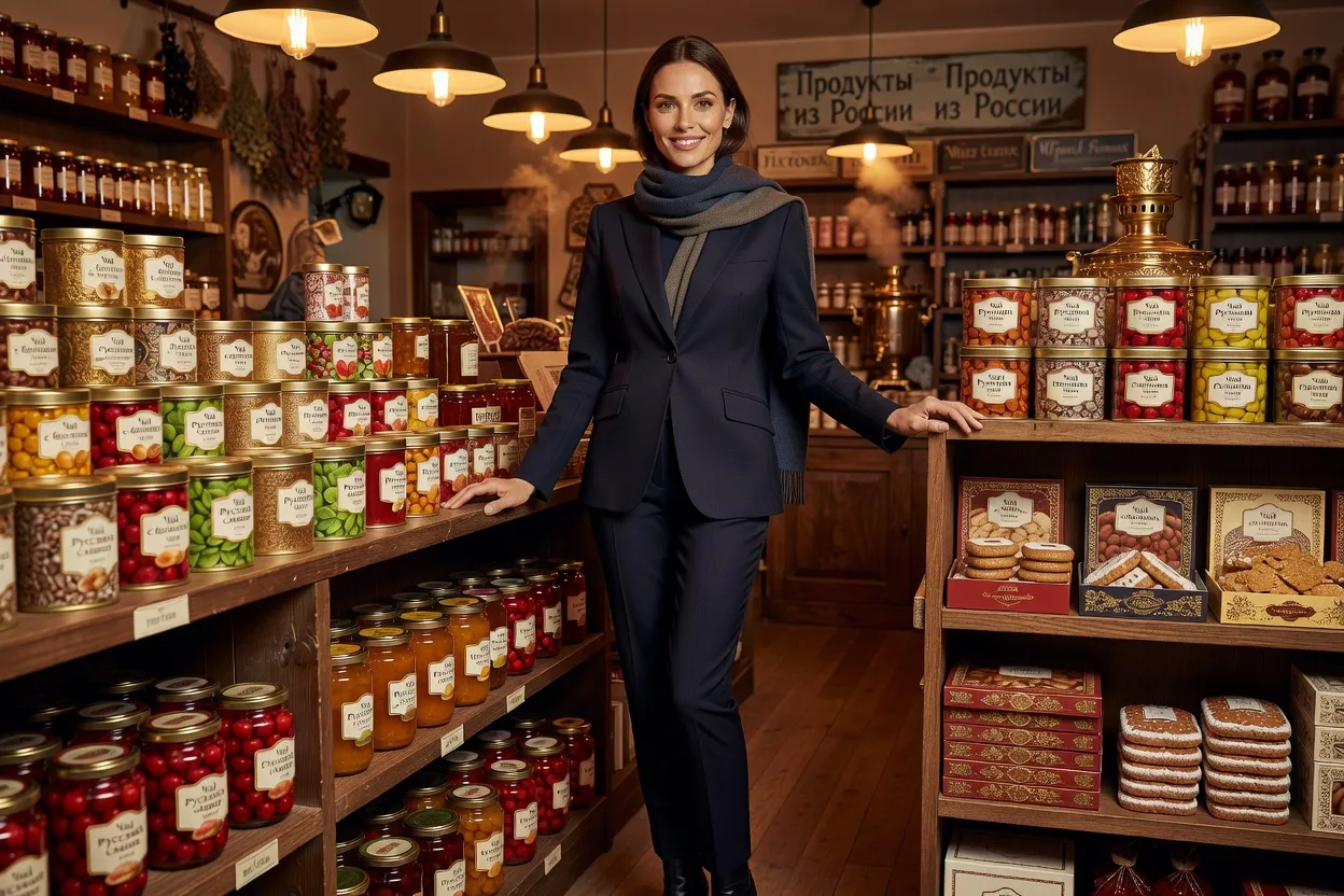 Femme dans une épicerie russe parisienne chaleureuse entourée de produits traditionnels : thé, confitures, pain d’épices