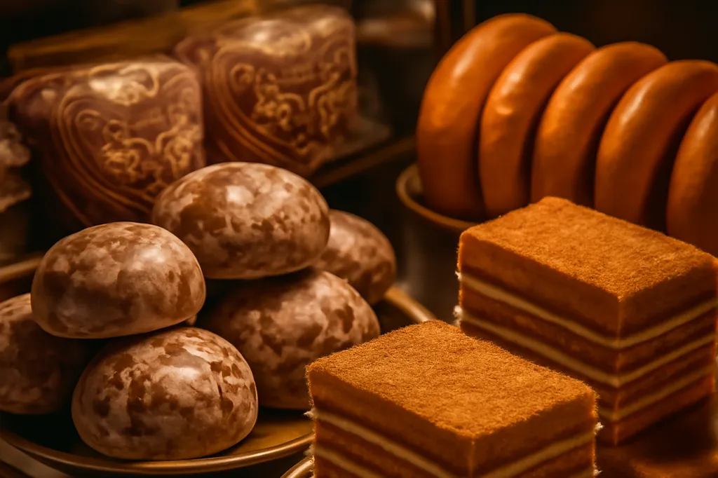 Pâtisseries et confiseries russes traditionnelles, pain d’épices et gâteau au miel medovik, présentées sur une vitrine de pâtisserie parisienne, lumière chaude et appétissante