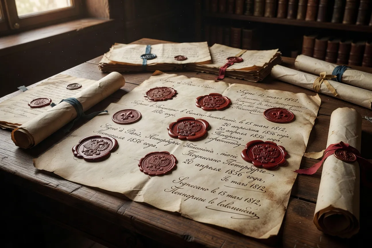 Documents diplomatiques anciens avec sceaux entre la France et la Russie