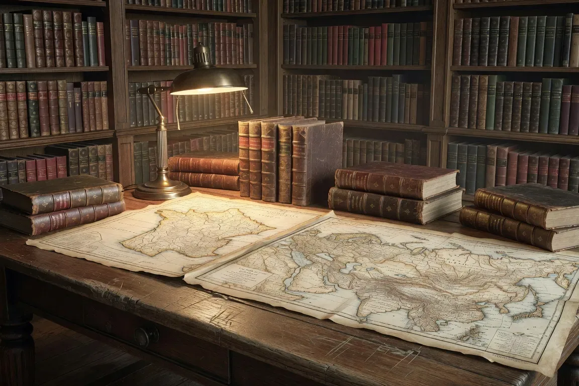 Table de bibliothèque avec dictionnaires et cartes France et Russie