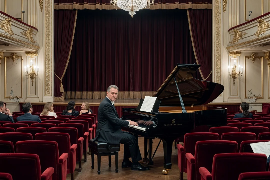 Salle de concert parisienne avant un récital, pianiste russe répétant sur scène face à des rangées de fauteuils rouges, lumière douce.
