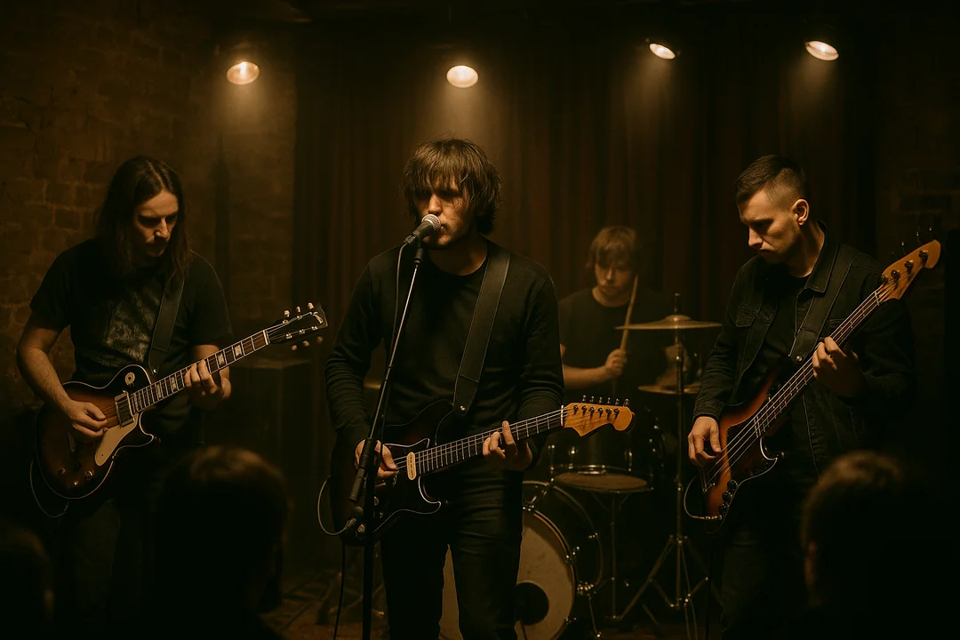 Groupe de rock russe sur scène dans une petite salle française, guitares électriques et micros