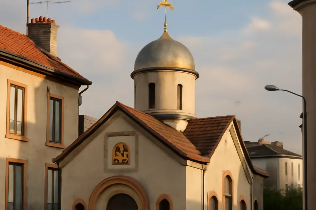 Petite église orthodoxe de quartier en France avec coupole modeste visible depuis la rue, architecture discrète intégrée au tissu urbain, lumière de fin de journée