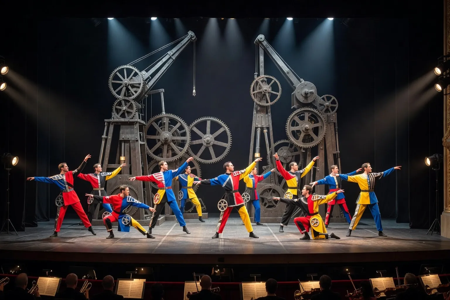 Scène d'un théâtre parisien pendant un ballet moderniste, danseurs en costumes constructivistes devant des décors de rouages et de métal.