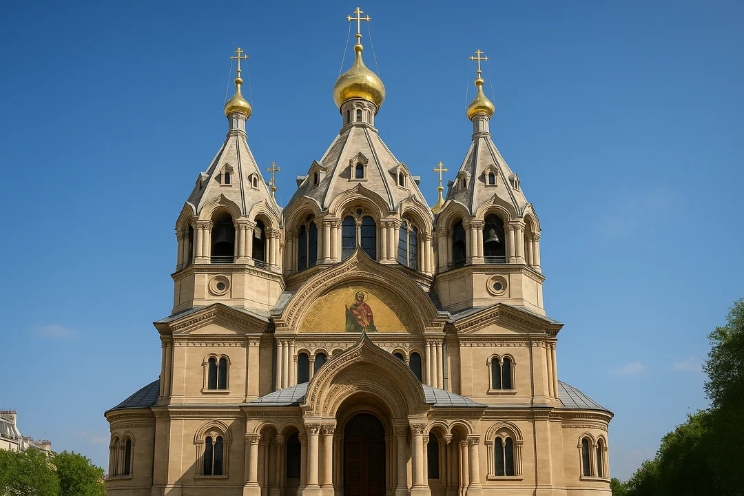 Façade de la cathédrale Saint-Alexandre-Nevsky rue Daru à Paris, dômes dorés et architecture orthodoxe russe.