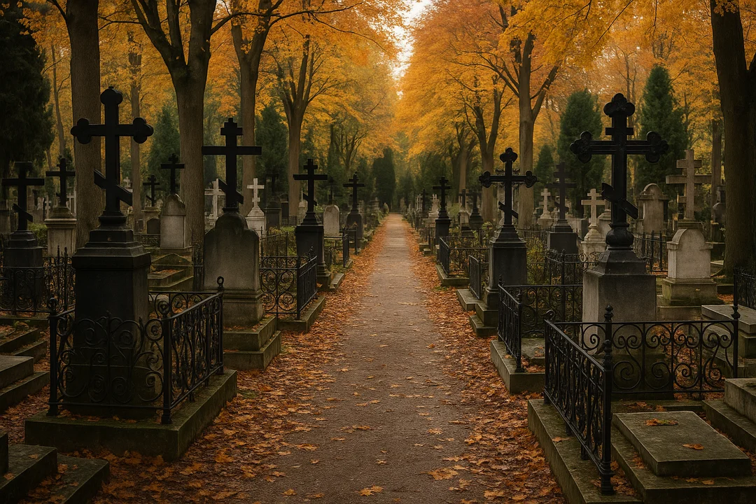 Allée du cimetière russe de Sainte-Geneviève-des-Bois avec tombes orthodoxes et croix en fer forgé.