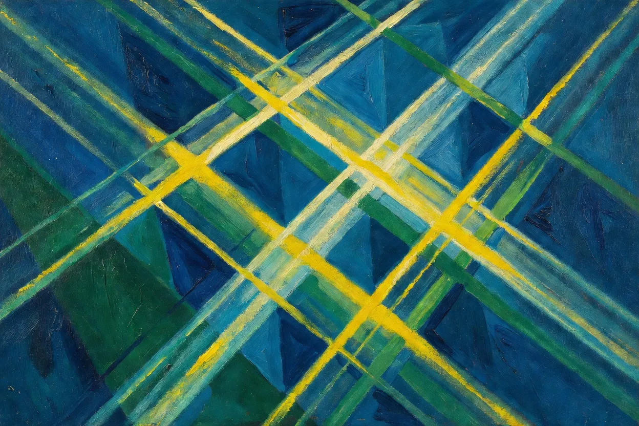Toile rayonniste aux lignes colorées entrecroisées évoquant les faisceaux lumineux théorisés par Larionov lors de l'exposition La Cible en 1913