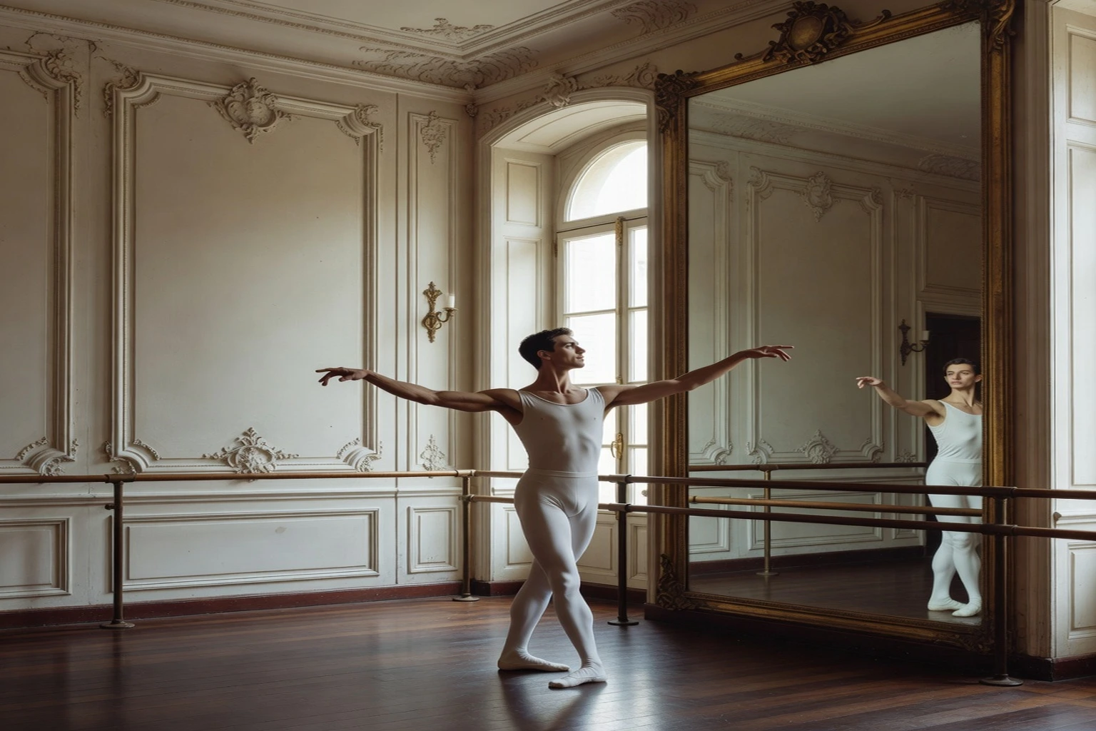 Danseur masculin en justaucorps blanc reprenant un port de bras devant un grand miroir, studio de danse parisien aux murs ivoire, lumière douce.