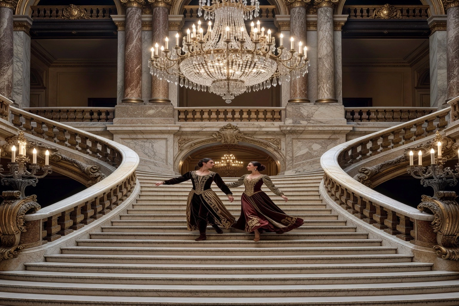 Escalier d'honneur de palais Garnier au marbre ivoire et à la balustrade dorée, deux danseurs en costume de scène descendant les marches.