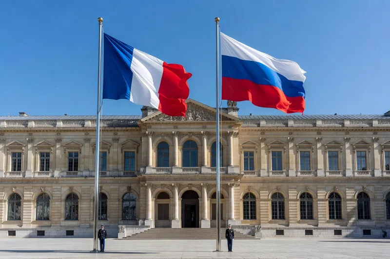 Drapeaux français et russes lors d'un événement culturel bilatéral officiel