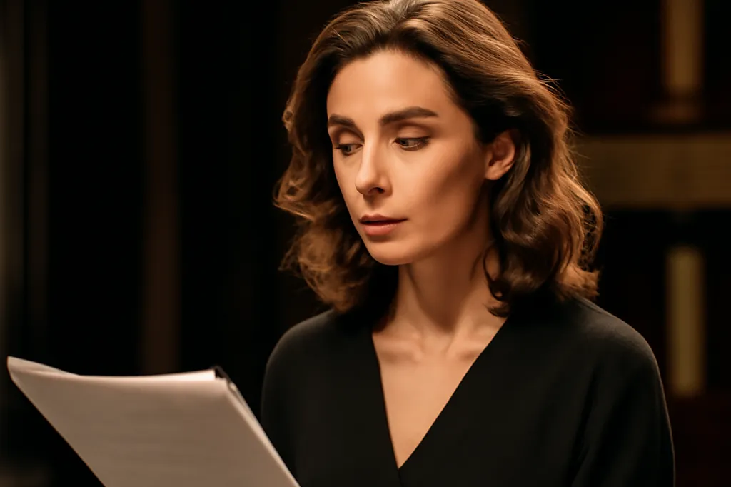 Comédienne en répétition sur une scène de théâtre parisienne, en train de lire un texte dans un décor sobre de répétition