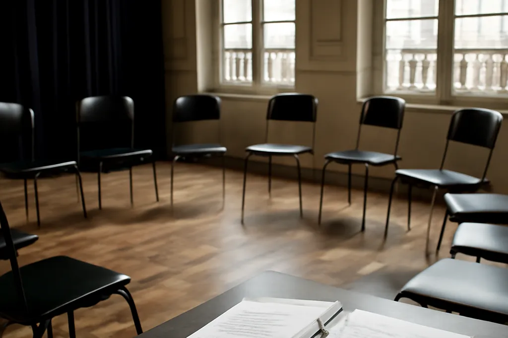 Salle de répétition de théâtre avec chaises disposées en cercle et cahiers de mise en scène annotés posés sur une table, lumière naturelle douce