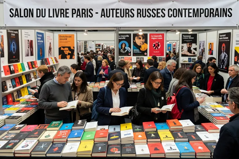 Salon du livre avec ouvrages d'auteurs russes contemporains