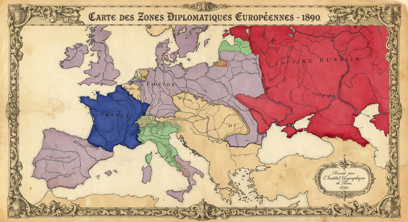 Document manuscrit ou carte géographique de l'Europe 1890 avec zones d'influence, style cartographie historique du XIXe siècle