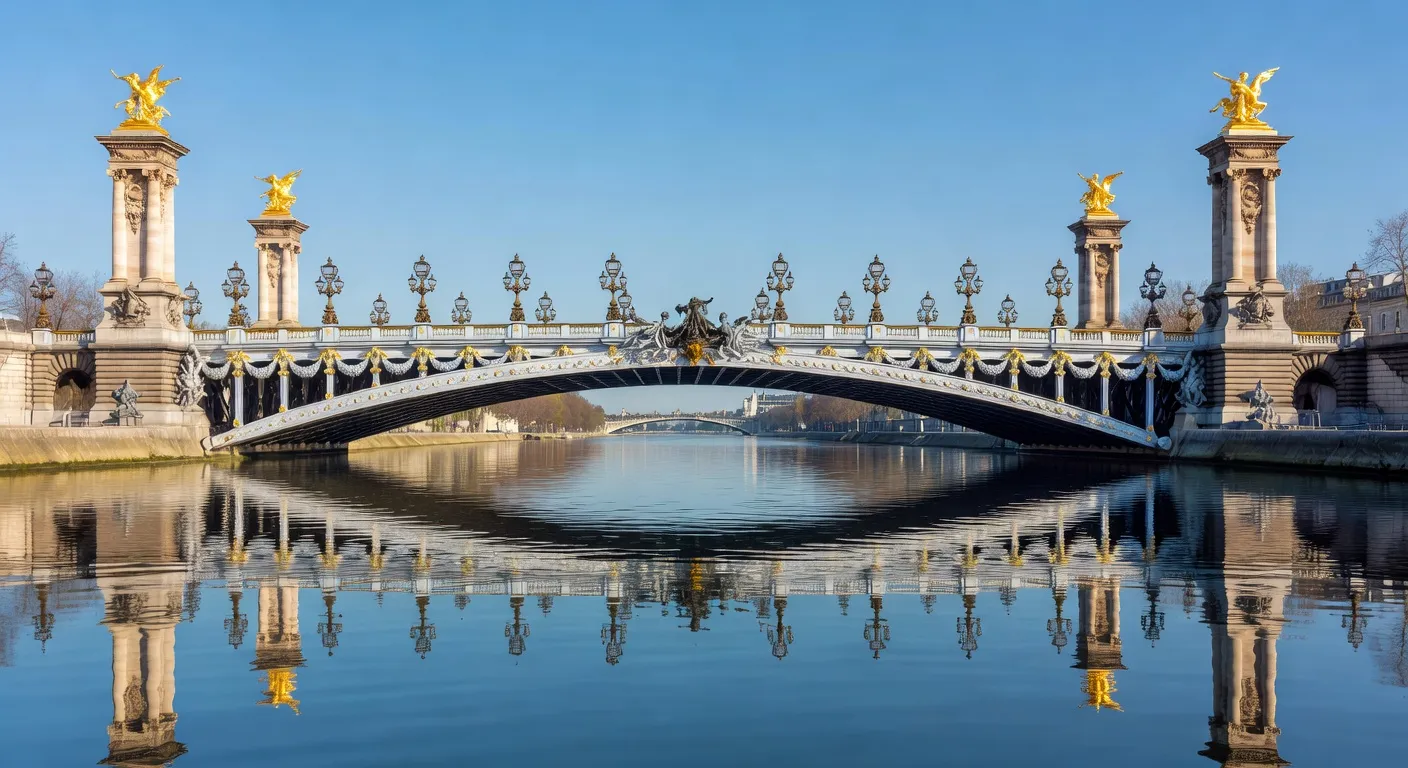 Pont Alexandre III vu de face avec dorures et lampadaires Belle Époque, Seine et dôme des Invalides en arrière-plan, Paris