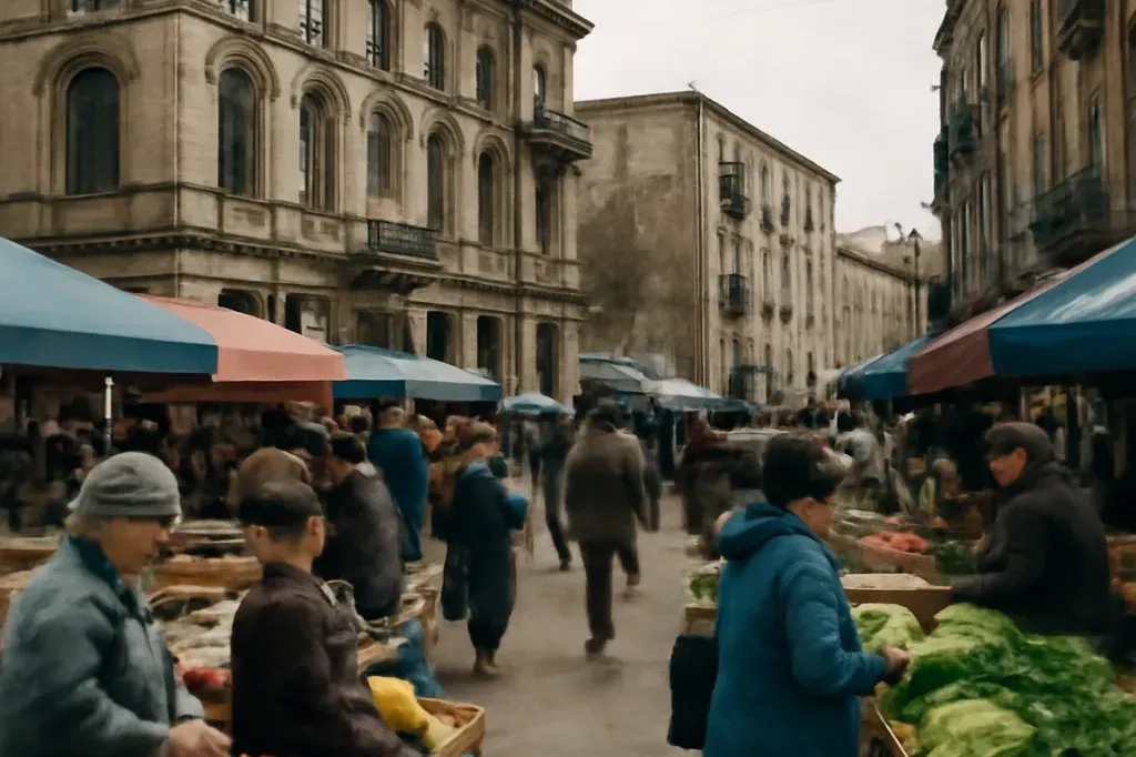 Ville caucasienne avec architecture soviétique réhabilitée, rue animée, marché, vie quotidienne reconstituée après conflit.