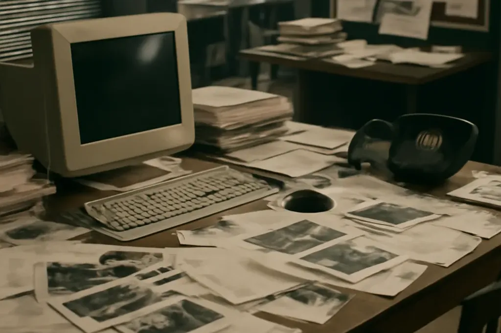 Intérieur d'une rédaction de presse, bureau jonché de dépêches et photographies, ordinateur de bureau des années 2000, journalisme d'investigation.