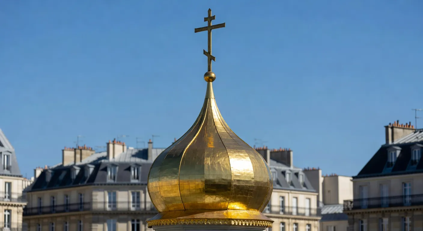 Détail d'un dôme doré avec croix orthodoxe de la cathédrale Saint-Alexandre-Nevsky sur fond de ciel bleu et architecture haussmannienne parisienne