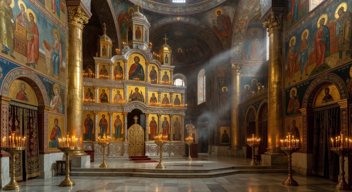 Intérieur de la cathédrale Saint-Alexandre-Nevsky avec iconostase dorée, fresques murales byzantines et lumières de cierges