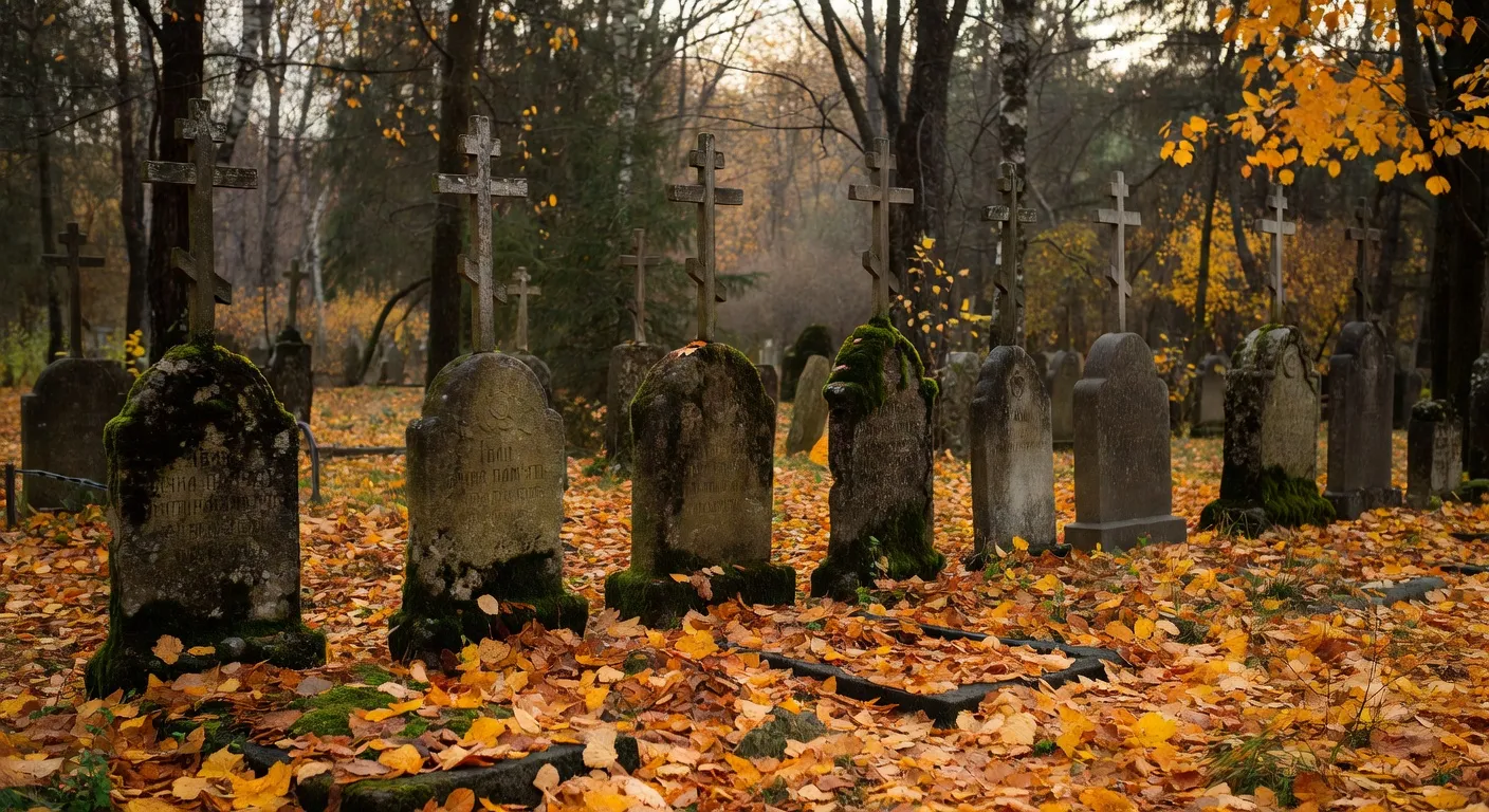 Tombes orthodoxes à trois barres dans le cimetière russe en automne