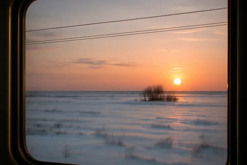 Fenêtre de train traversant une plaine enneigée, paysage sibérien ou russe, ambiance mélancolique et poétique.