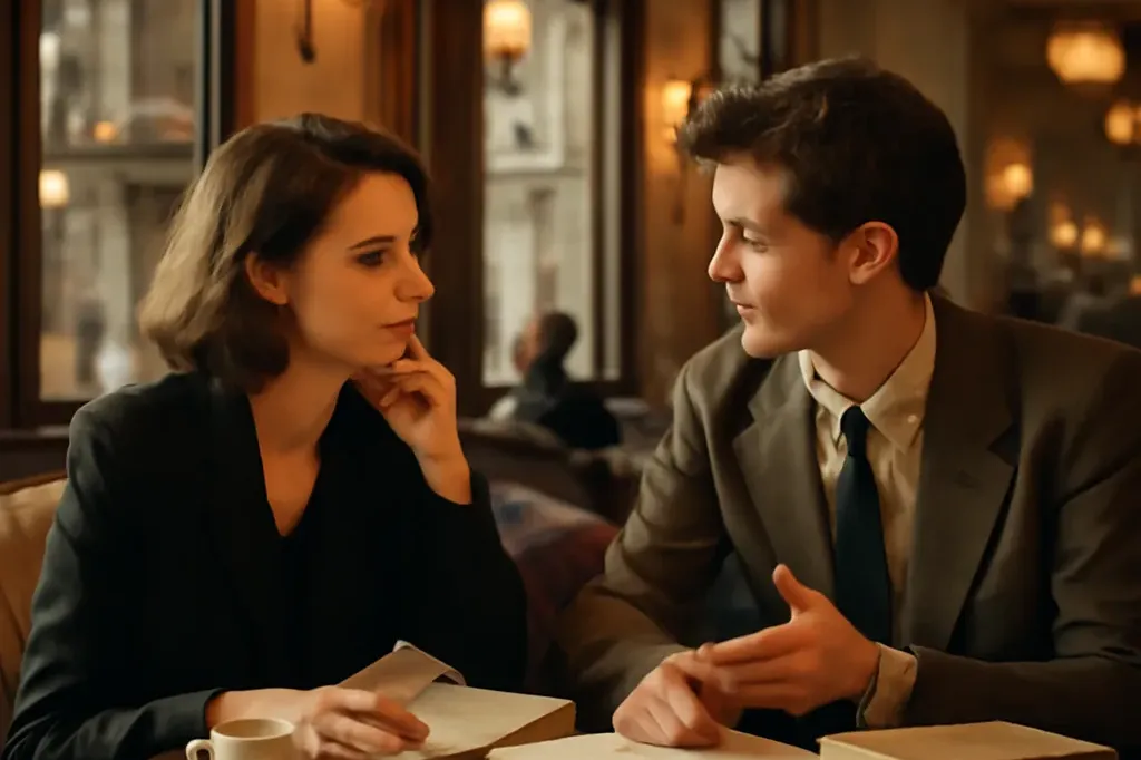 Café parisien élégant, deux personnes de dos en conversation intellectuelle, livres sur la table, lumière tamisée.