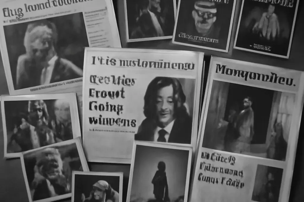 Archives de presse et affiches d'événements culturels des années 2010 sur un bureau, journaux dépliés, documentaire mémoriel.
