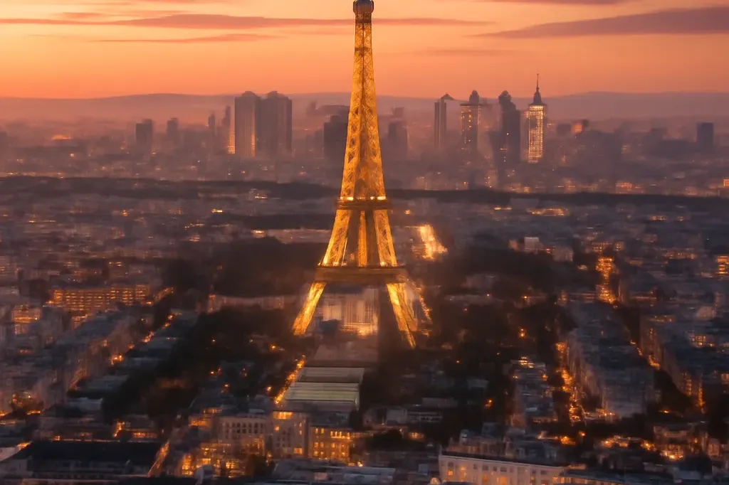 Vue plongeante sur Paris depuis la Tour Eiffel, perspective sur le Champ de Mars, ambiance crépusculaire.