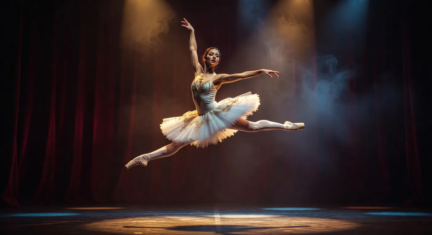 Scène de ballet contemporain avec danseur en grand saut, lumières de scène dramatiques, fond sombre