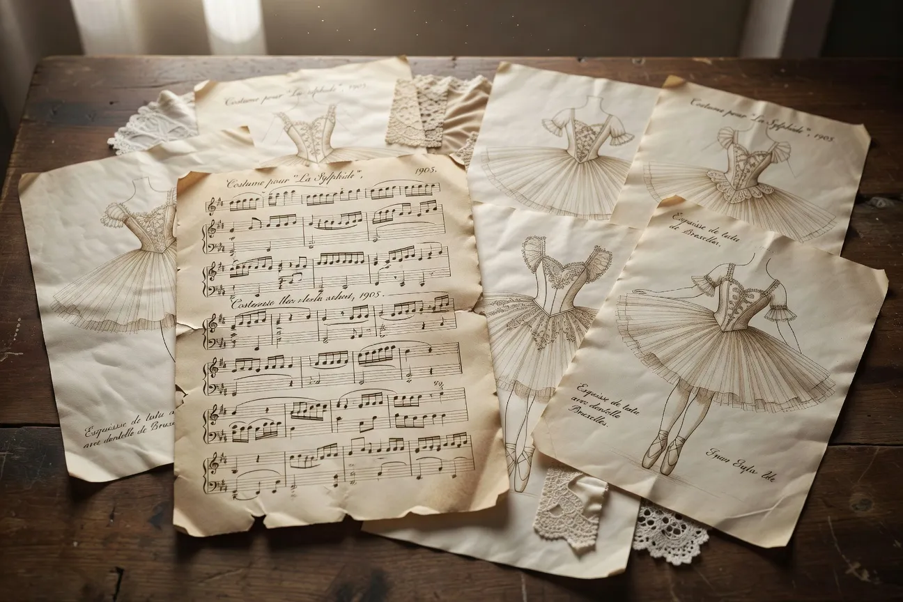 Partition manuscrite ancienne avec annotations chorégraphiques et esquisses de costumes de ballet style Belle Époque