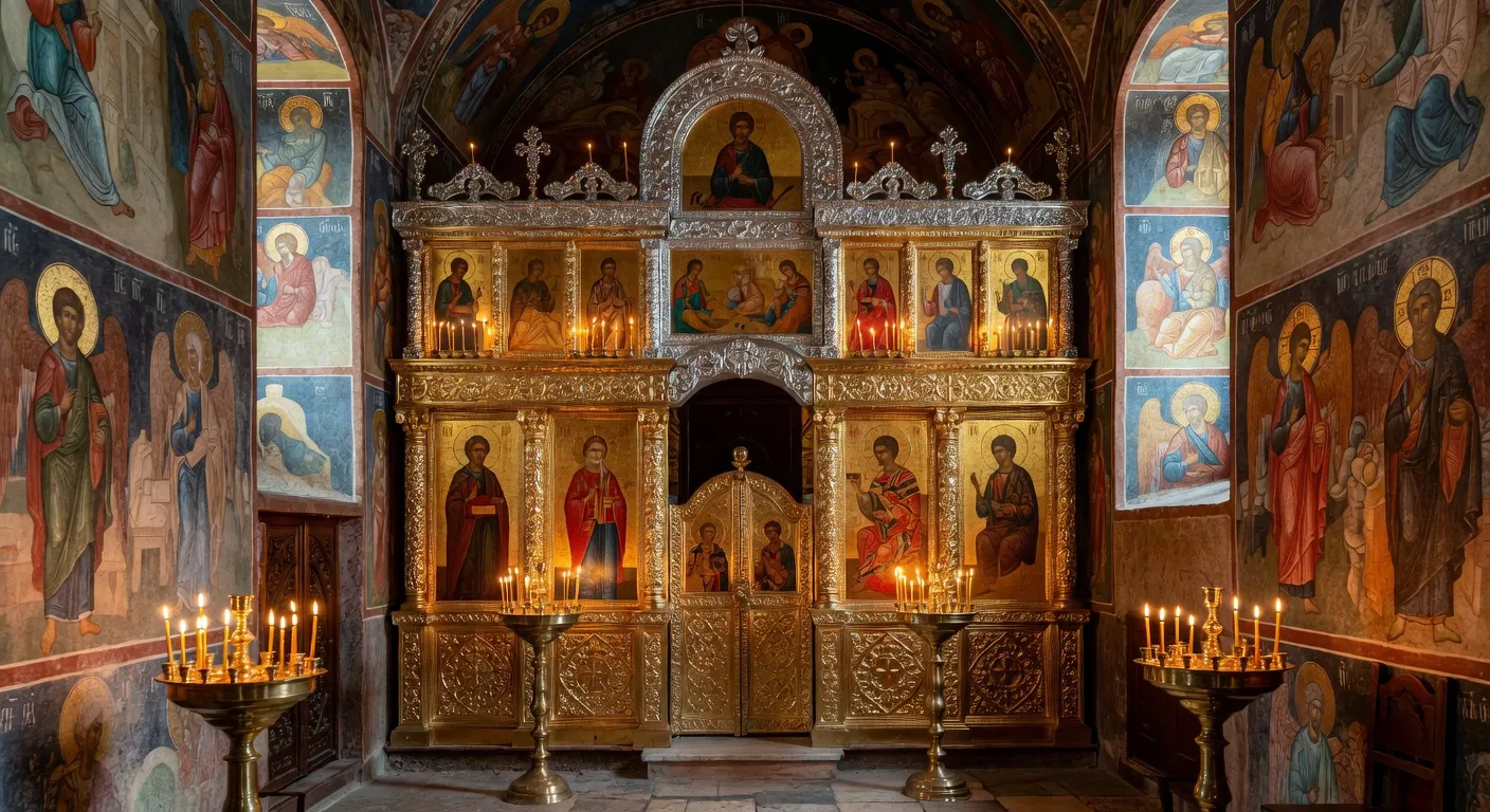 Chapelle Notre-Dame-de-l'Assomption au cimetière de Sainte-Geneviève-des-Bois, intérieur avec iconostase et lumières de cierges