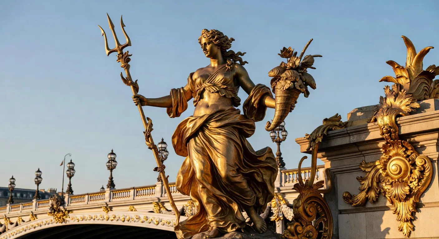 Détail de la statue dorée d'une Nymphe de la Neva sur le Pont Alexandre III