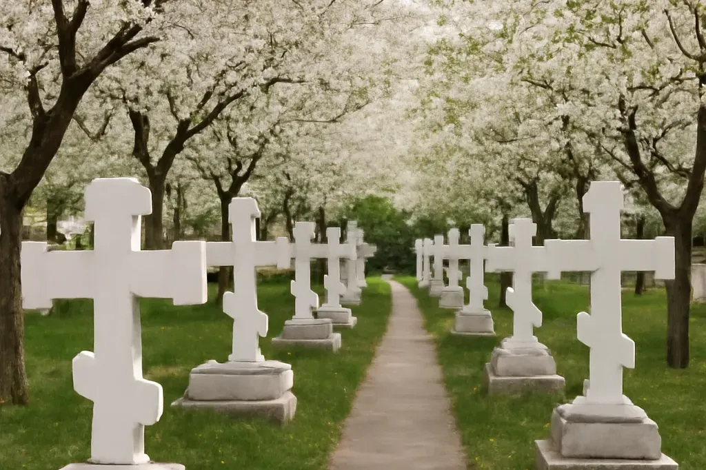 Cimetière orthodoxe au printemps, croix orthodoxes en pierre blanche alignées dans une allée bordée d'arbres en fleur.