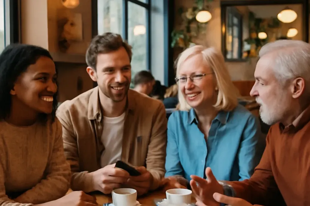 Café parisien contemporain, groupe de personnes de générations différentes en conversation autour d'une table, livres et téléphones, ambiance chaleureuse.