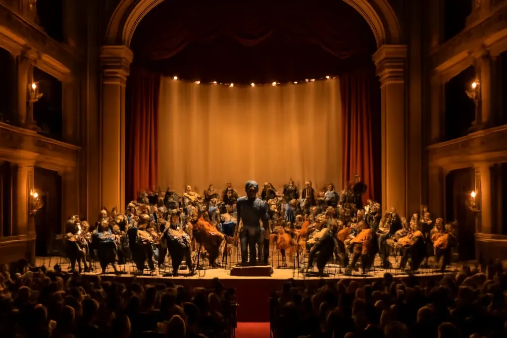 Intérieur d'une grande salle de concert parisienne lors d'un gala d'orchestre, estrade illuminée, musiciens en tenue de soirée, public en tenue de gala.